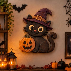 Pode incluir: Uma decoração de parede em madeira apresentando um gato preto usando um chapéu de bruxa roxo com fivela marrom, segurando uma abóbora laranja. O gato tem olhos grandes, um pequeno nariz rosa e uma cauda curva, em estilo de madeira entalhada.