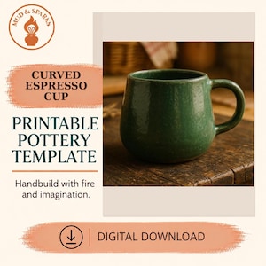 Può includere: Una tazzina da espresso in ceramica verde con forma curva e manico. Il testo recita: MUD & SPARKS, CURVED ESPRESSO CUP, PRINTABLE POTTERY TEMPLATE, Handbuild with fire and imagination, e DIGITAL DOWNLOAD con un'icona di download.