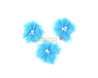 2.5" Tulle Flowers with Rhinestones Center - Sky Blue Color - Blue Tulle Mesh Flowers - Blue  Flowers -Hair Accessories Supplies