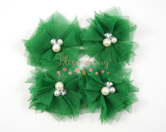 10 pcs 2.5" Tulle Flowers with beads - Emerald Green Color - Tulle Flowers - Christmas /Holidays - DIY Accessories and craft supplies