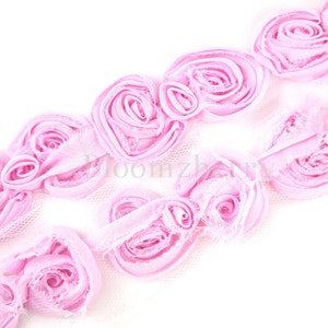 Laço de 6,35 cm (2,5") em estilo shabby chic - Cor rosa - Laço de chiffon rosa - Detalhe de rosa rosa em estilo shabby chic - Laço decorativo - Acessórios para cabelo