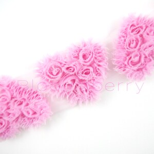 3 pcs  HEART Shabby Rose Trim -  Size 3.5&quot; - Pink Color - Heart Appliques - Frayed - Heart Chiffon Trim - Hair Accessories Supplies