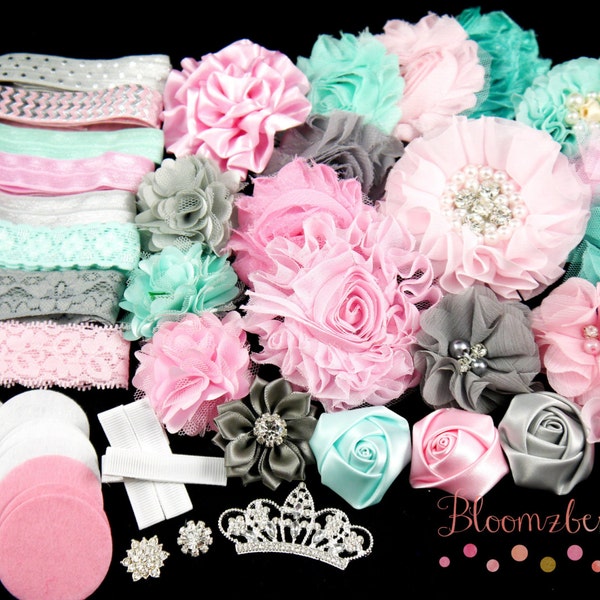 DIY 50 pcs Flower Headband Kit - Aqua/Pink/Gray Color Set - Baby Shower Flower Headband Kit - Flowers ,Elastic,Rhinestones, Felt and Bow