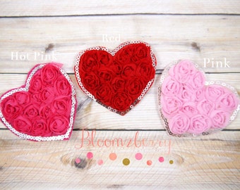 3" HEART Shabby Rose Trim w/Sequin - Assorted Color - No Frayed - You Choose Color - Heart Appliques - Valentine - Hair Accessories Supplies