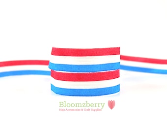 5/8" PRINTED Fold Over Elastic - Red/White/Blue Stripes - Printed Elastic -Memorial Day/4th July - Hair Accessories Supplies