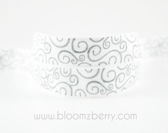 5/8" PRINT Fold Over Elastic - White with Silver Swirl - Printed Elastic - White Gray Elastic - DIY Hair Accessories Supplies