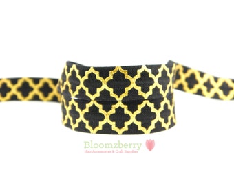 5/8" PRINTED FOIL Fold Over Elastic - Black with Gold Quatrefoil - Quatrefoil Printed Elastic - Hair Accessories Supplies