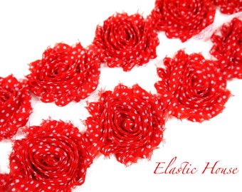 2.5" PRINTED Shabby Rose Trim - Red White Dots  - Polka Dots Flowers - Chiffon Trim - DIY Headband/Hair Bow/Hair Acessories Supplies