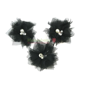 2.5&quot; Tulle Flowers with Rhinestones Center  - Black Color - Tulle Mesh Flowers - Black Flowers - Tulle Flowers -Hair Accessories Supplies