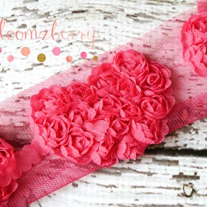 2.5&quot; HEART Shabby Rose Trim -Hot Pink Color-  Hot Pink Heart Appliques - Hot Pink Heart Shabby Rose Trim - Hair Accessories Supplies