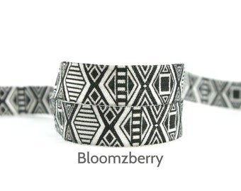 5/8" PRINTED Fold Over Elastic - Black/White Aztec -Aztec Printed Fold Over Elastic - DIY Hair Accessories Supplies
