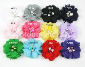 10 pcs 1.5" Petitie Chiffon Flowers with Rhinestones -11 Colors Available -Chiffon Beads Flowers - Fabric Flowers- Hair Accessories Supplies