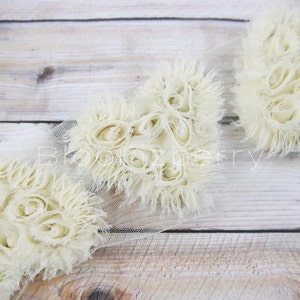 3 pcs  HEART Shabby Rose Trim -  Size 3.5&quot; - Ivory Color - Heart Appliques - Frayed -Heart Chiffon Trim - Hair Accessories Supplies