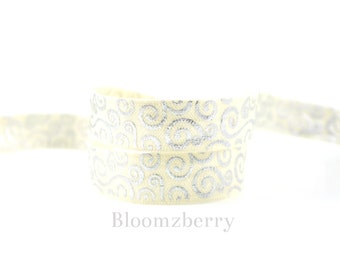 5/8" Foil PRINT Fold Over Elastic - Ivory with Silver Swirl - Ivory Elastic -Printed Elastic - Hair Accessories Supplies