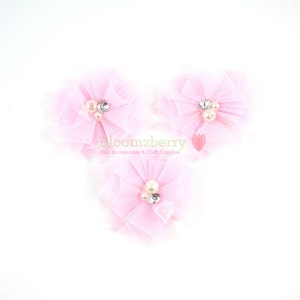 2.5&quot; Tulle Flowers with Rhinestones Center  - Pink Color - Pink Tulle Mesh Flowers - Pink Flowers -Hair Accessories Supplies