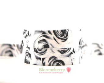 5/8" PRINTED Fold Over Elastic - White/Black Roses - Roses Printed Elastic - White Printed Elastic -Hair Accessories Supplies