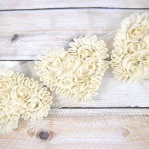 3 pcs  3&quot; HEART Shabby Rose Trim - Cream Color - No Frayed - Heart Appliques - Heart Chiffon Trim - Hair Accessories Supplies