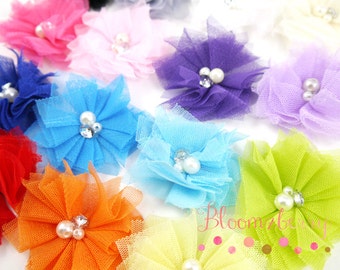 2.5" Tulle Flowers with Rhinestones Center - Assorted Color -You Choose Color-Tulle Mesh Flowers - Wholesale -DIY Hair Accessories Supplies