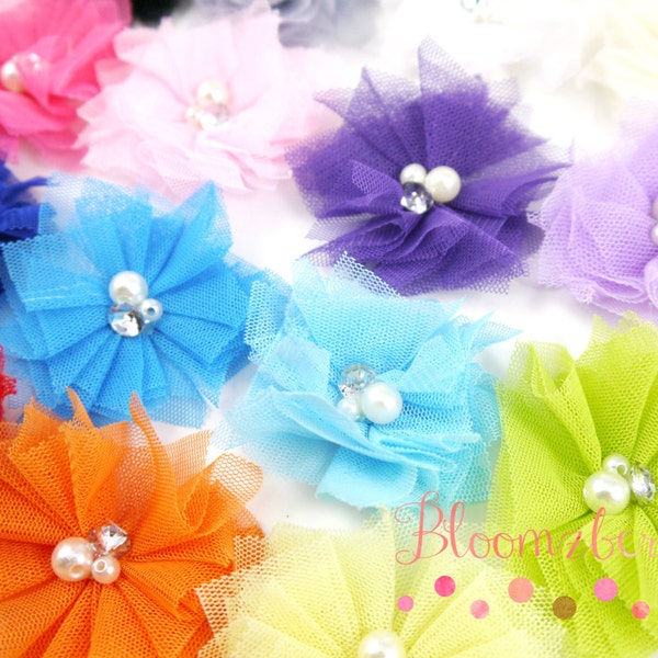 2.5" Tulle Flowers with Rhinestones Center - Assorted Color -You Choose Color-Tulle Mesh Flowers - Wholesale -DIY Hair Accessories Supplies