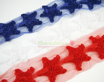 2.5" STAR Shabby Rose Trim - White, Red and Royal Blue - Memorial Day/4th July - You Choose Color - Hair Accessories Supplies
