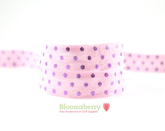 5/8" PRINTED Fold Over Elastic - Pink w/Lavender Dots - Printed Elastic - Pink Polka Dots Elastic - Foil Elastic - Hair Accessories Supplies