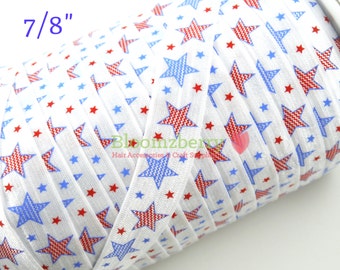 7/8" PRINTED Fold Over Elastic - Patriotic Stars - Stars Printed Elastic -Memorial Day/4th July -  Hair Accessories Supplies