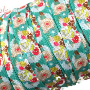 5/8&quot; Printed  Fold Over Elastic - Teal w/Flowers - Spring Elastic FOE - Spring/Easter/Birthday/Party - Hair Accessories  Supplies