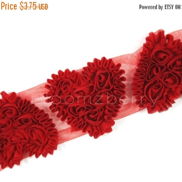 Xmas SALE 12% OFF  3" HEART Shabby Rose Trim  - Red Color - No Frayed - Heart Appliques - Heart Chiffon Trim - Hair Accessories Suppli