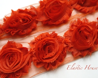 2.5" Shabby Rose Trim - Dark Orange Color - Chiffon Trim - Hair Accessories Supplies