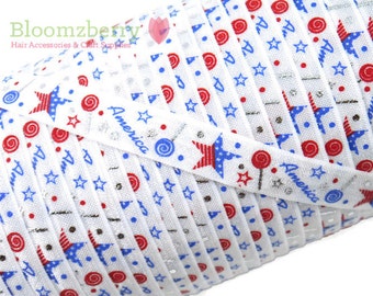 5/8" PRINT Fold Over Elastic - America Patriotic Pattern- Silver Foil Elastic - Memorial Day/4th July -  Hair Accessories Supplies