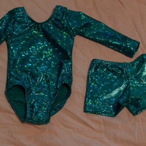 Teal Green Shattered Glass Long sleeve leotard and shorts Ready to ship