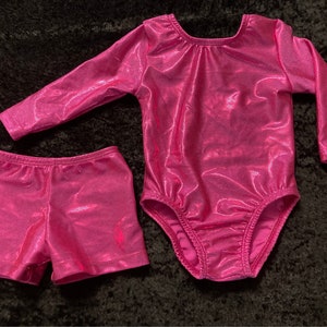 Bright Fuchsia Pink Mystique long sleeve leotard and shorts ready to ship