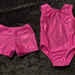 Bright Fuchsia Pink Mystique leotard and shorts ready to ship