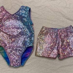 12 months size Ready to ship gymnastics Leotard and shorts in pastel tie-dye &quot;crackle&quot;. Each leotard is slightly different print