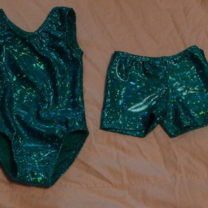 Teal Green Shattered Glass gymnastic Leotard and Short Ready to ship