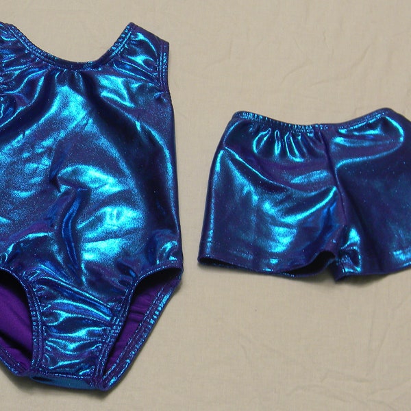 Turquoise Mystique on Purple spandex gymnastic leotard and shorts Ready to ship