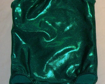 May include: A green leotard with a shiny, metallic finish. The leotard has a scoop neck and a racerback style.
