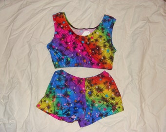 6-8 girls size Clearance Ready to Ship Sports bra and shorts in diagonal bands of rainbow stars with holographic sparkles