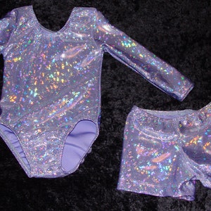 Iced Lilac Shattered Glass long sleeved gymnastic leotard and shorts Ready to ship