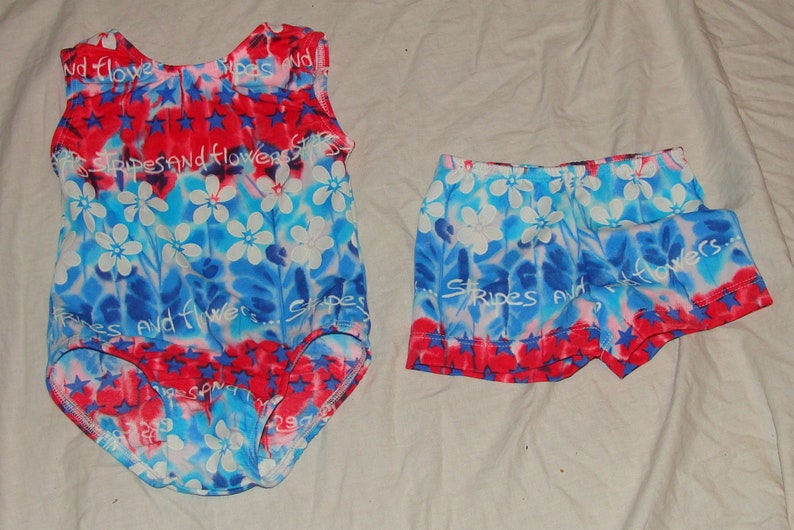 18 months baby size Ready to ship Gymnastics leotard and shorts in Red and Blue Tie Dye with stars and flowers