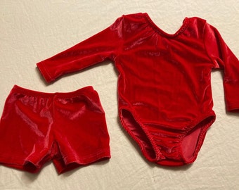 Red velvet long sleeve gymnastic leotard and shorts Ready to ship