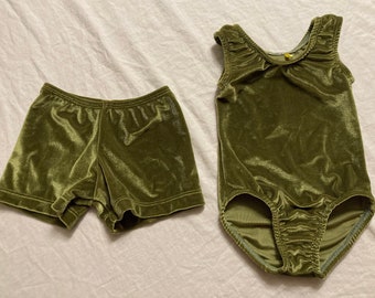 Olive green velvet gymnastic leotard and shorts Ready to ship