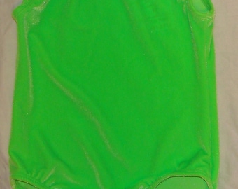 May include: A bright green leotard with a scoop neck and sleeveless design. The leotard is made of a soft, stretchy fabric.