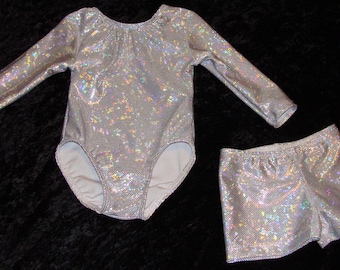 White Shattered Glass Long Sleeve gymnastic leotard and shorts Ready to ship