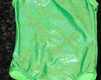May include: A bright green leotard with a sparkly finish. The leotard has a scoop neck and a racerback style.