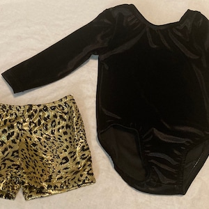 Black velvet long sleeve gymnastic leotard with gold cheetah flocked shorts Ready to ship