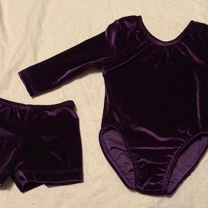Purple velvet long sleeve gymnastic leotard and shorts Ready to ship