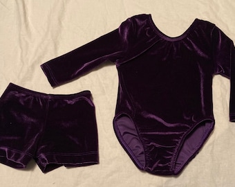Purple velvet long sleeve gymnastic leotard and shorts Ready to ship