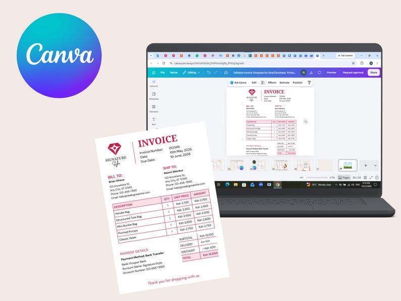 Editable Business Invoice Template, Canva Invoice, Small Business ...