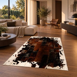 May include: A rectangular area rug constructed from stitched patches of cowhide in a patchwork pattern. The rug features a color palette of deep brown, black, and white, with natural hide edges and a smooth, flat-woven texture on the floor.